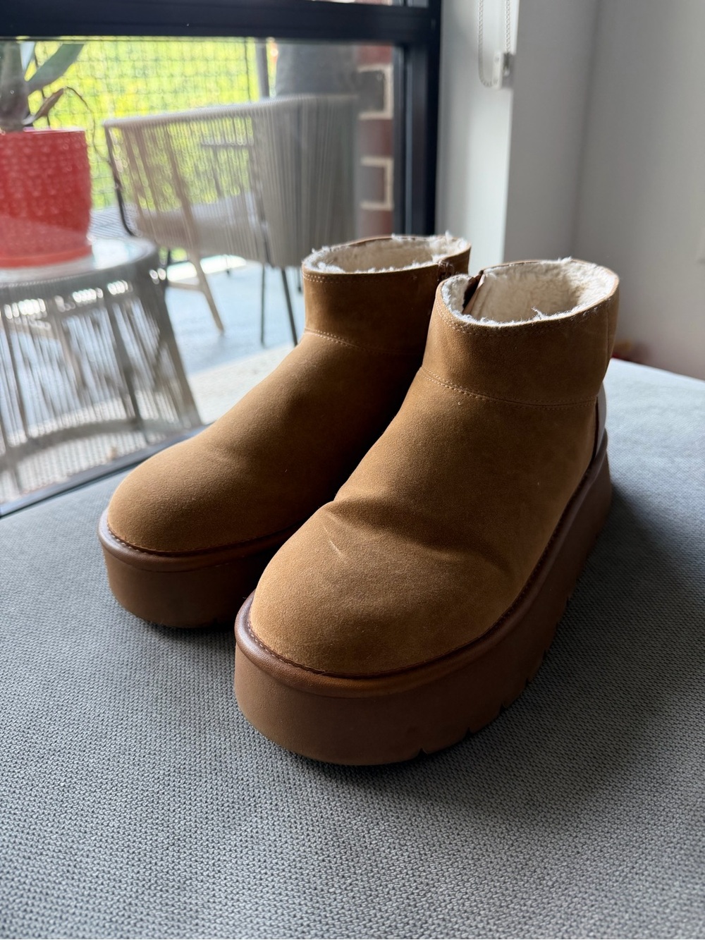 wild fable Tan Platform Shearling Ankle Boots with Side Zipper
